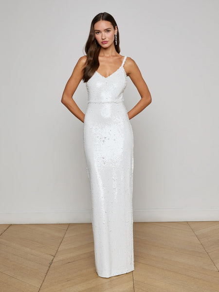 white sparkly dress long L'AGENCE Karma Sequin Maxi In Sequin line Dress with Side deep v neck Rihero Men's Dress Oxford Size:XL *FINAL SALE*