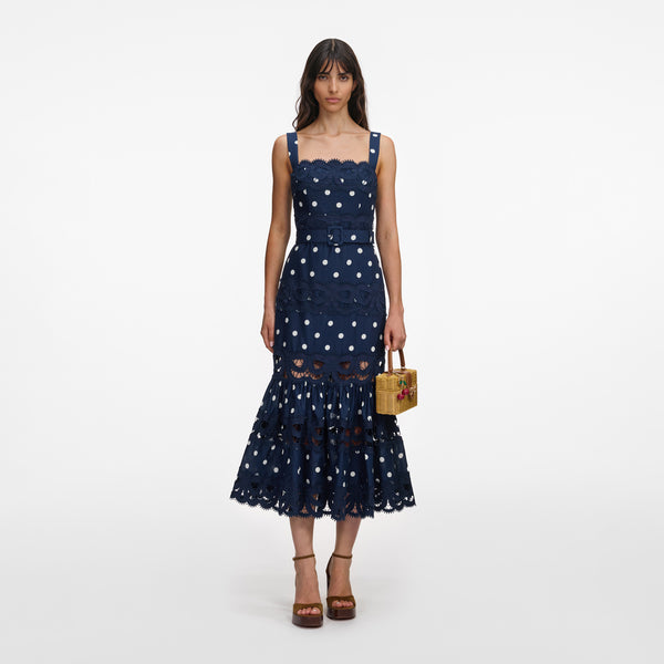 Self-Portrait Linen-Cotton Polka Dot Midi Dress - Navy