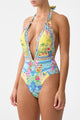 PLUNGE BACKLESS HALTER ONE PIECE W RING TIES