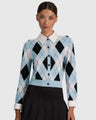 Alice + Olivia - Dollie Argyle Cardigan with Woven Collar and Cuffs - Mineral Blue Multi