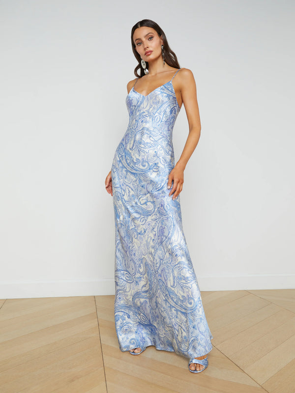 L’agence - Serita Silk Slip Dress - Ivory/Blue Decorated Paisley
