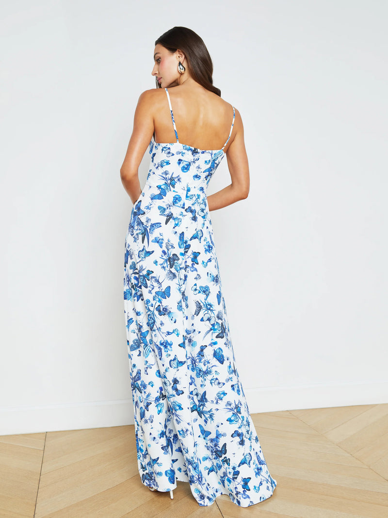 L’agence - Porter Twist Front Dress - White/Blue Tonal Butterflies