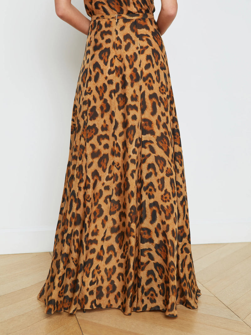 L’agence - Luca Silk Slit Front Skirt - Brown Multi Sahara Leopard