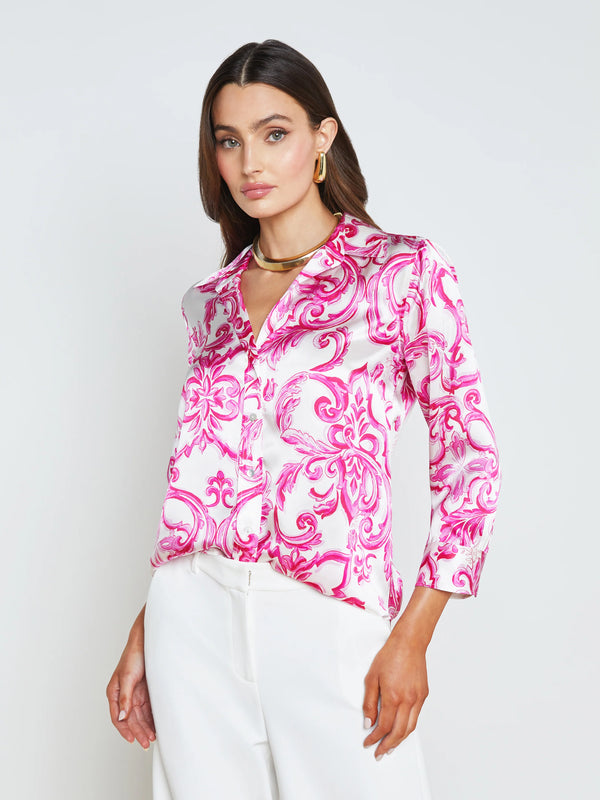 L’agence - Dani Silk Blouse - White/Pink Mediterranean Tile