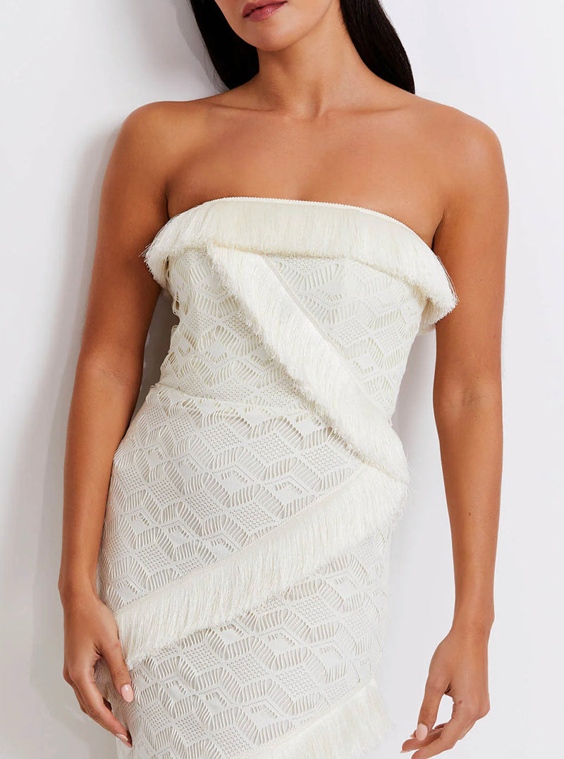 Patbo - Crochet Strapless Fringe Trim Maxi Dress - White