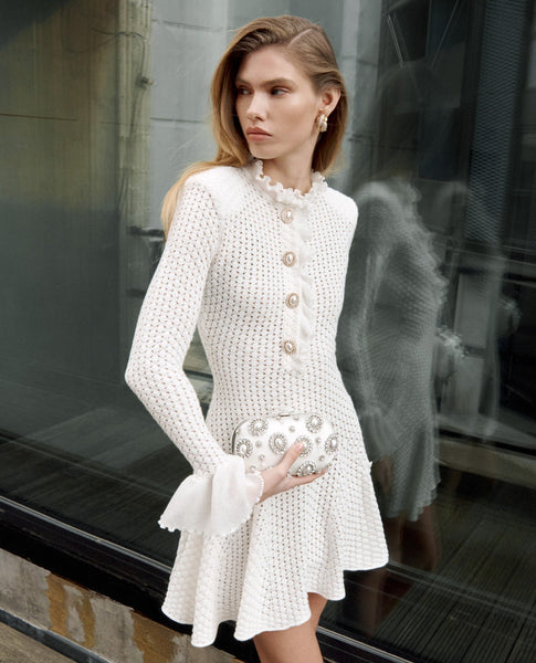 Self-portrait - Pointelle Knit Mini Dress - White Self-portrait - Pointelle Knit Mini Dress - White