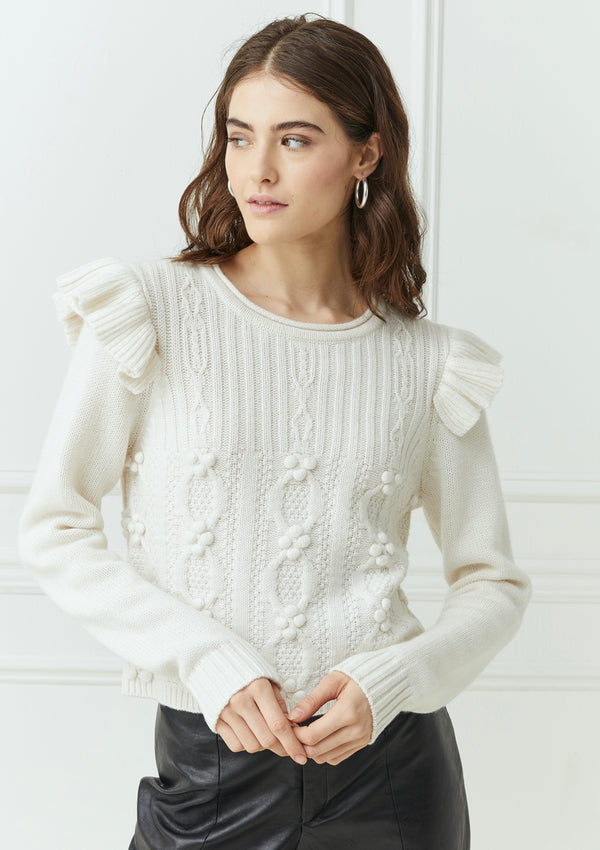 Autumn Cashmere - Popcorn Cable Crew with Ruffles - Snow