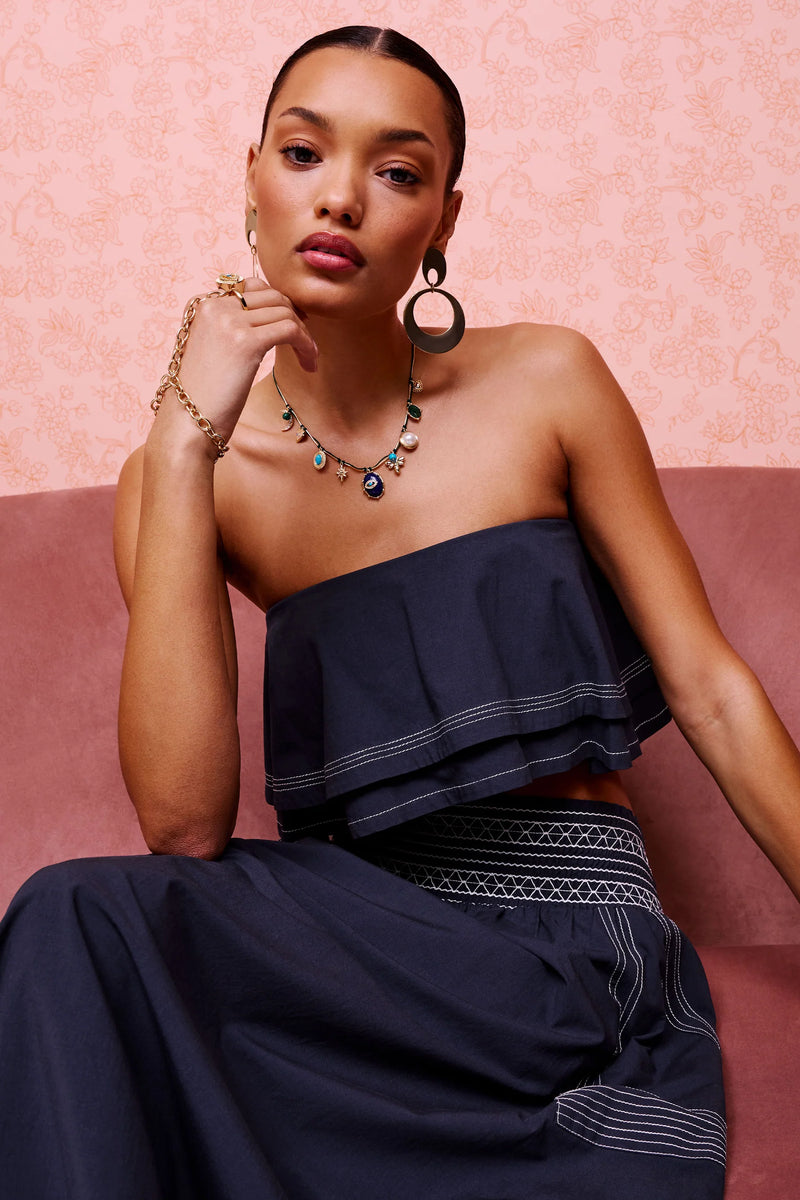 Ramy Brook - Poppy Cotton Poplin Tiered Crop Top - Navy Ramy Brook - Poppy Cotton Poplin Tiered Crop Top - Navy