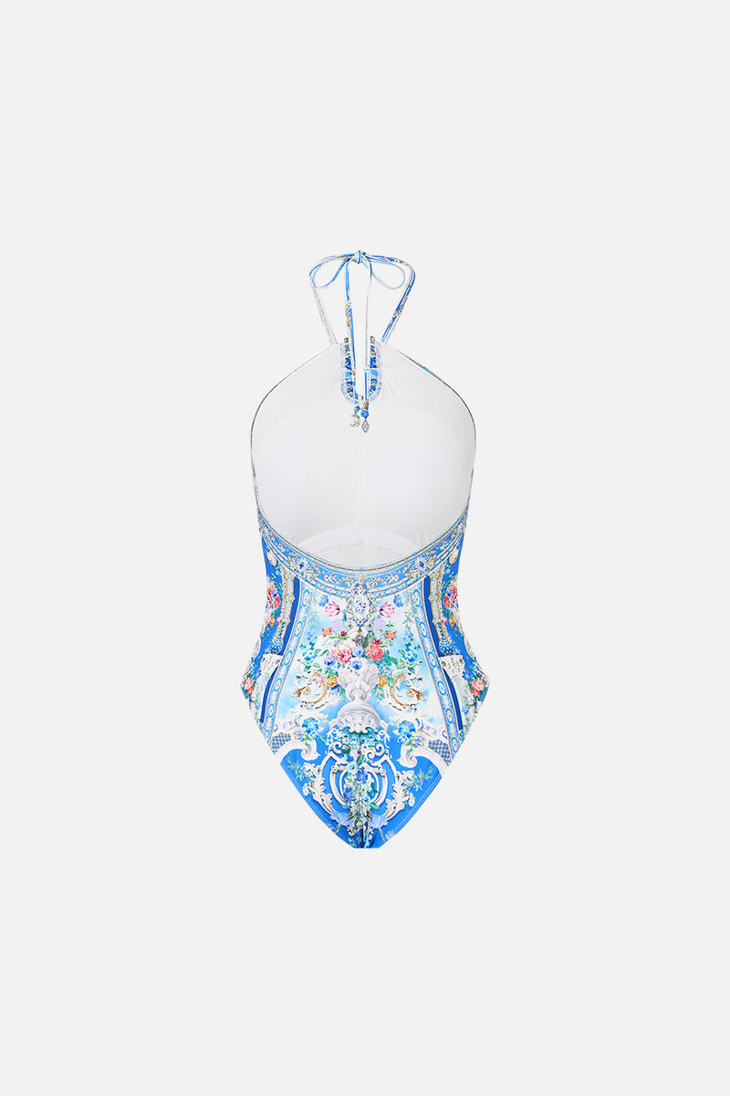 DIAMOND NECK HALTER ONE PIECE W U RING FRONT