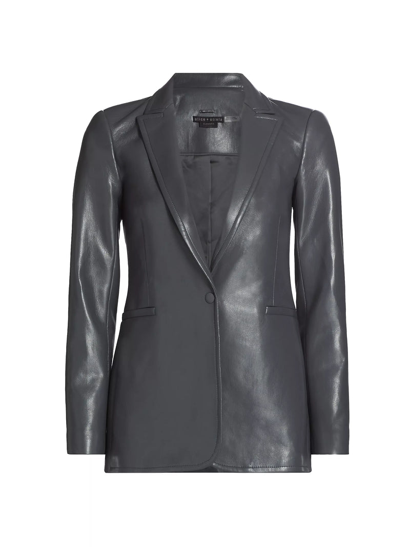 Alice + Olivia - BREANN VEGAN LEATHER LONG FITTED BLAZER - Charcoal