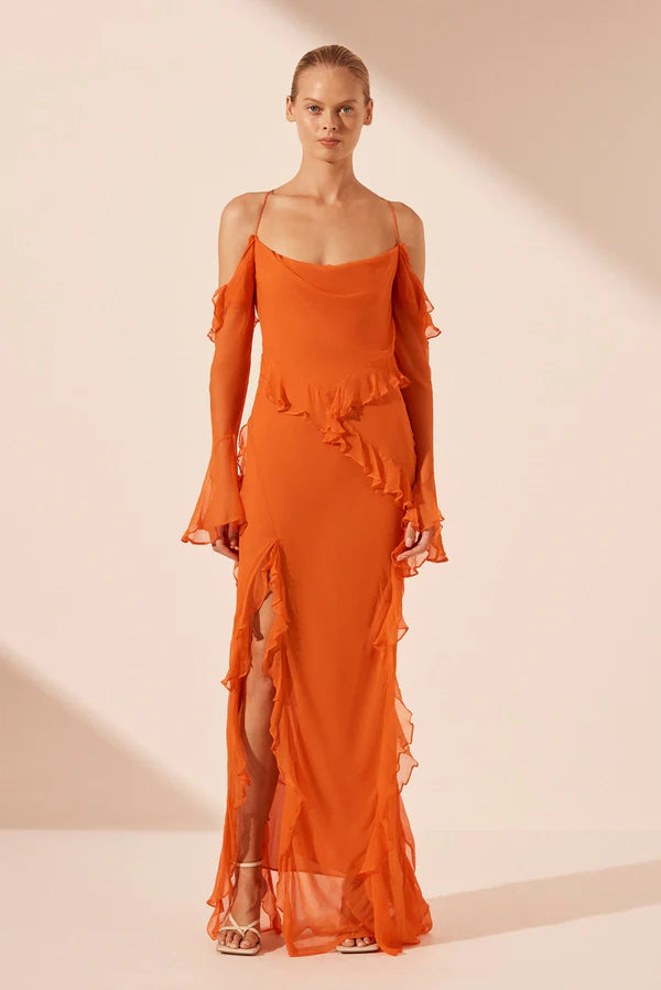 Shona Joy - Layla Long Sleeve Ruffle Maxi Dress - Flame Orange