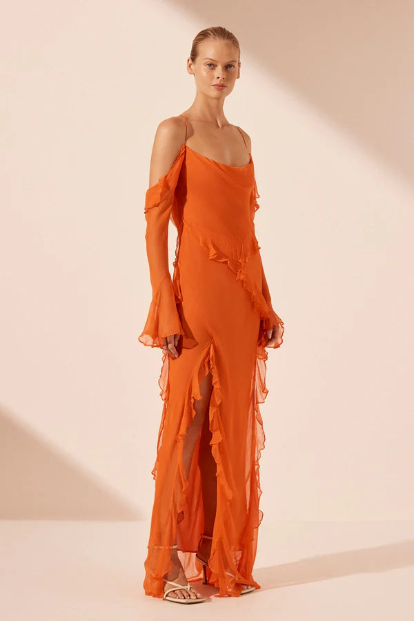 Shona Joy - Layla Long Sleeve Ruffle Maxi Dress - Flame Orange