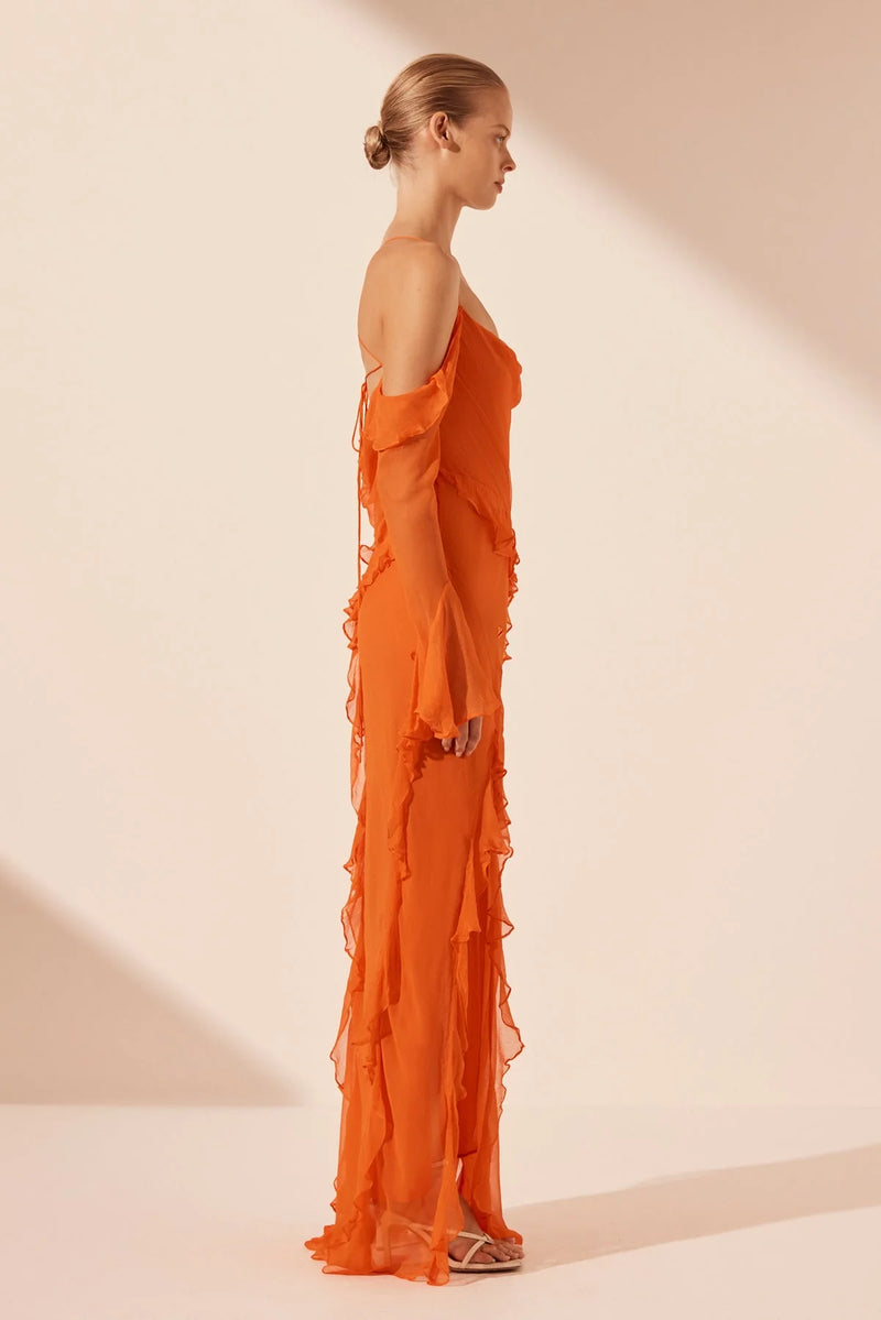 Shona Joy - Layla Long Sleeve Ruffle Maxi Dress - Flame Orange