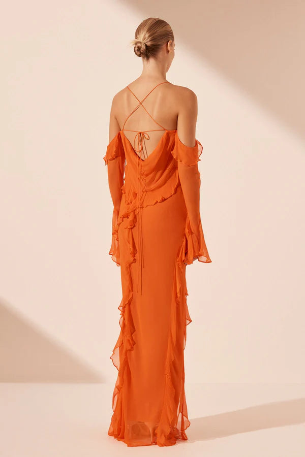 Shona Joy - Layla Long Sleeve Ruffle Maxi Dress - Flame Orange