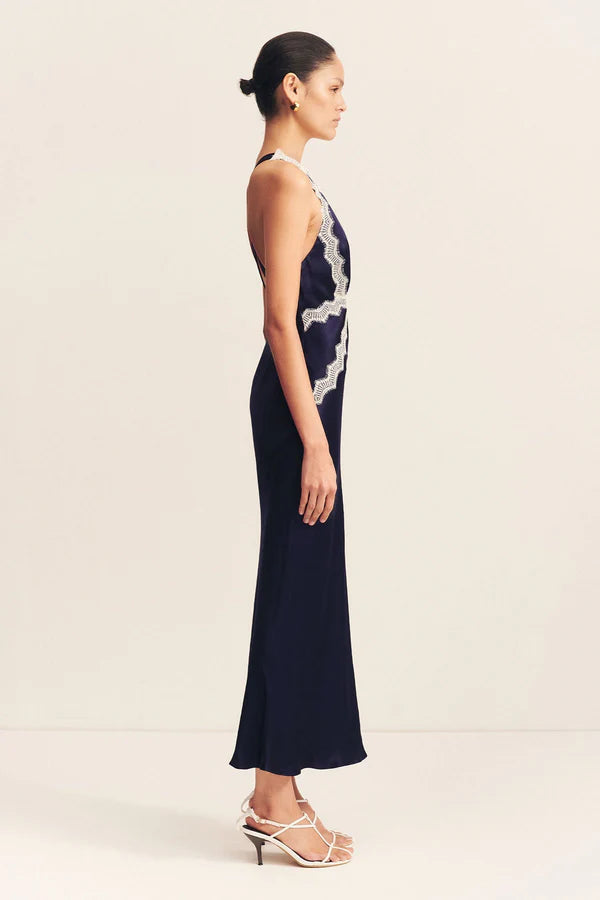 Shona Joy - Camille Lace Cross Back Split Maxi Dress - Deep Midnight/Ivory