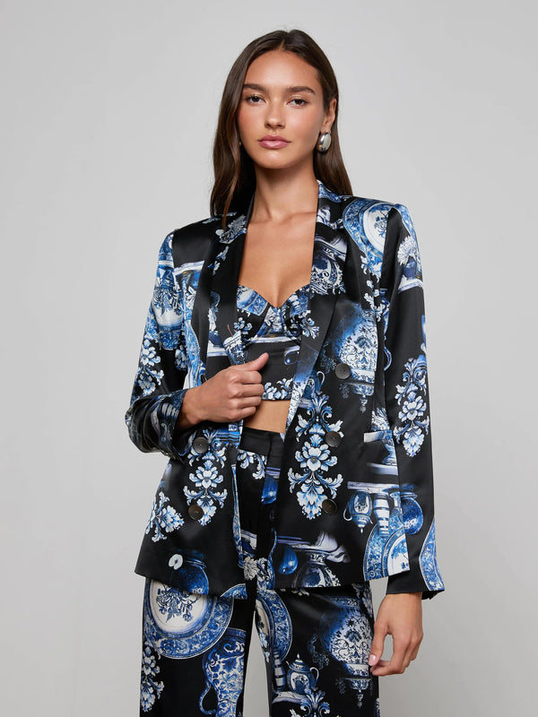 L'agence - Colin Silk Blazer - Black/Blue Large Porcelain