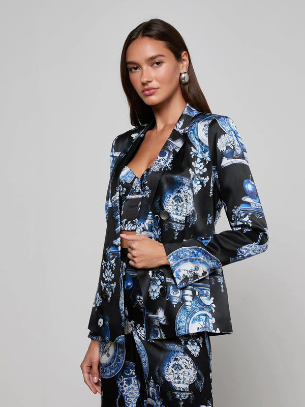 L'agence - Colin Silk Blazer - Black/Blue Large Porcelain