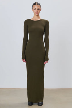 Eterne - Long Sleeve Crewneck Maxi Dress - Moss