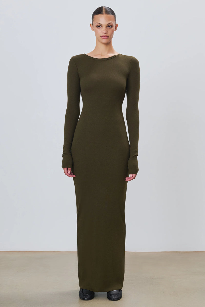 Eterne - Long Sleeve Crewneck Maxi Dress - Moss