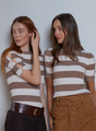 Autumn Cashmere - Striped Scallop Open Sleeve Crew - Toffee/Sand