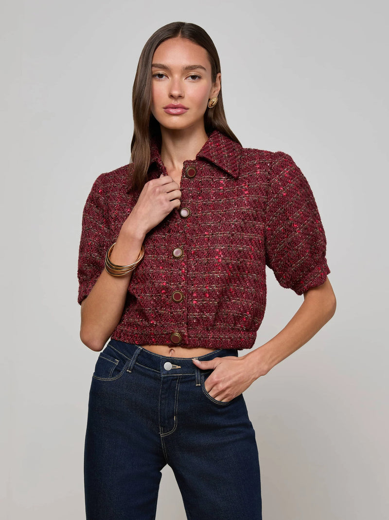 L'agence - Cove Cropped Tweed Jacket - Brown/Black/Cherry