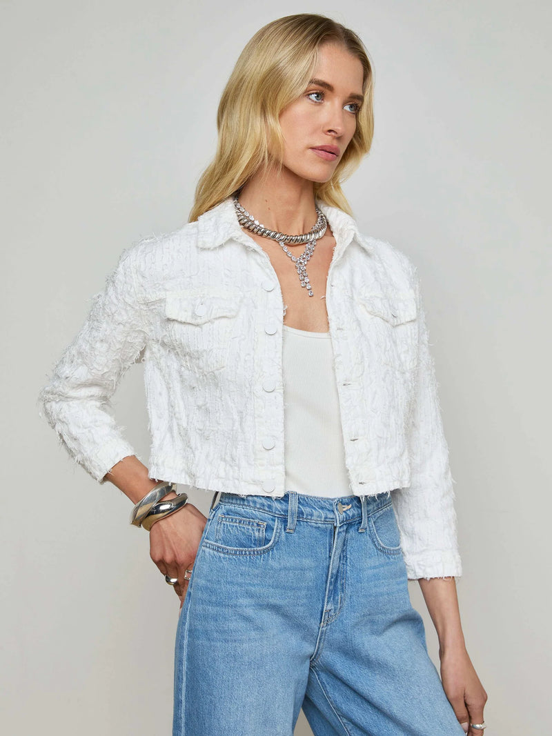 L'agence - Koda Textured Cropped Denim Jacket - Textile Blanc