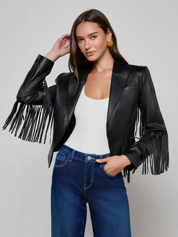 L'agence - Vashti Fringed Leather Blazer - Black