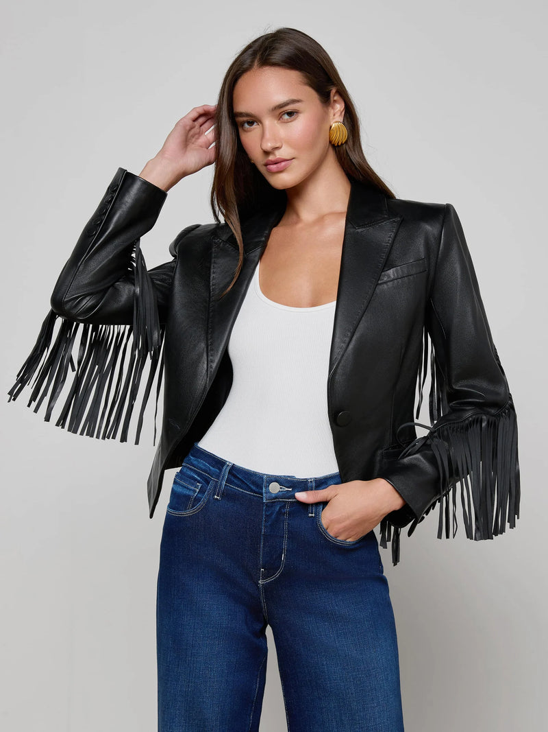 L'agence - Vashti Fringed Leather Blazer - Black