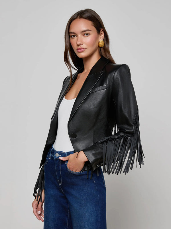 L'agence - Vashti Fringed Leather Blazer - Black
