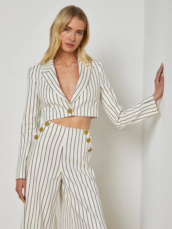 L’agence - Izzie Striped Cropped Blazer - Vintage White/Black Pinstripe