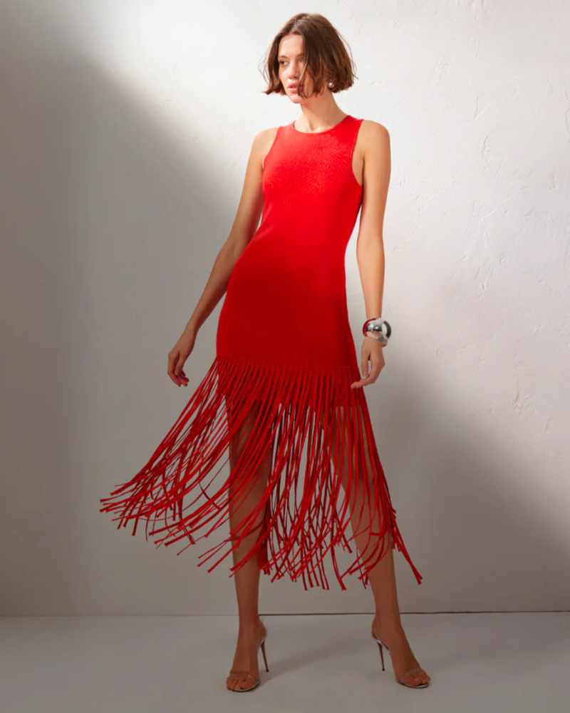 Toccin - Margaux Fringe Knit Dress - Poppy