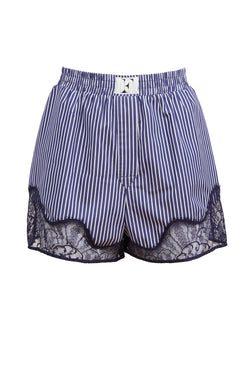 Fleur Du Mal - Cotton Poplin and Lace Boxer - Navy Stripe