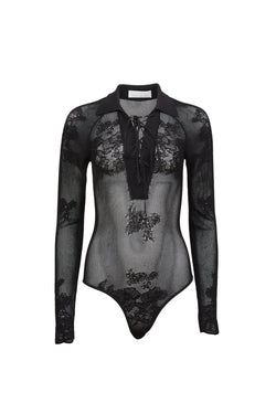 Fleur Du Mal - Lace Pointelle Collared Bodysuit - Black