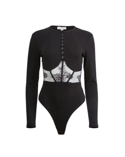 Fleur Du Mal - Rib and Bouquet Lace Underbust Bodysuit - Black