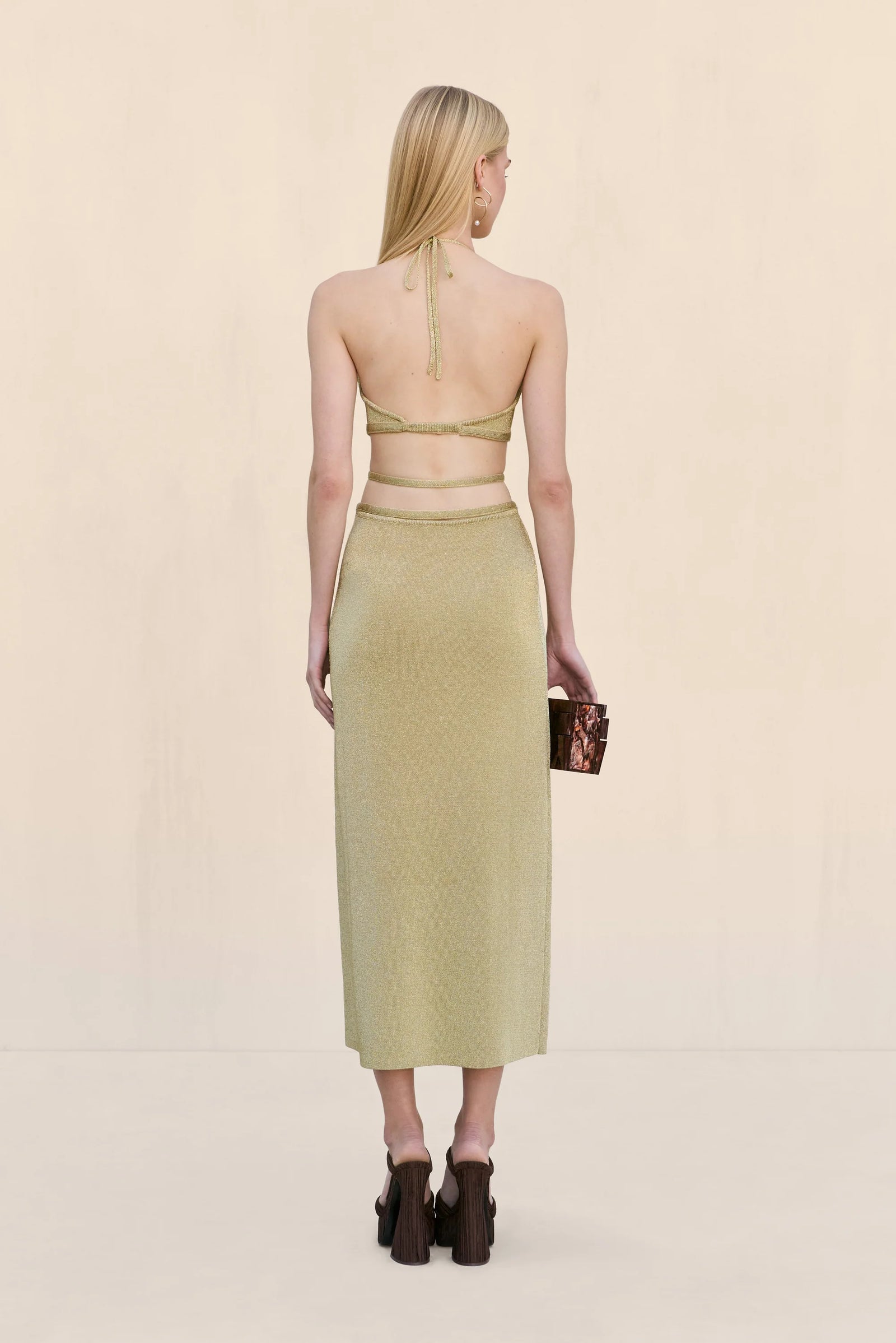 evaleigh knit dress Evaleigh buckled metallic knitted halterneck midi dress - gold