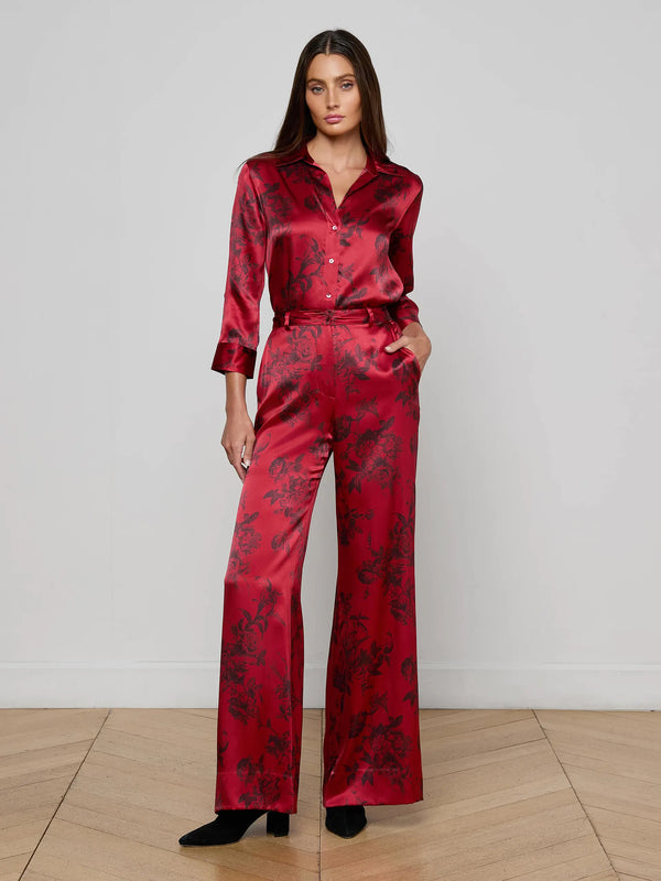 L'agence - Pilar Silk Wide-Leg Pant - Burgundy Painterly Floral