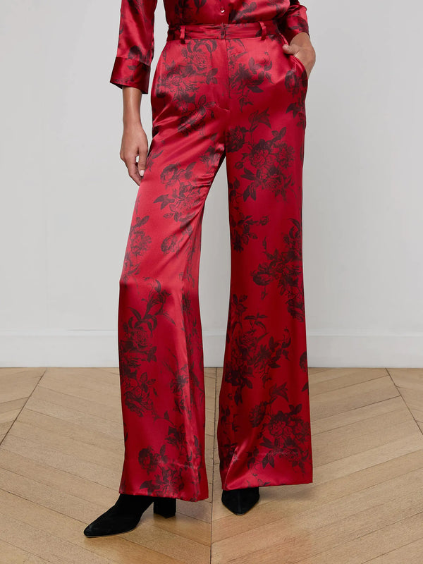 L'agence - Pilar Silk Wide-Leg Pant - Burgundy Painterly Floral