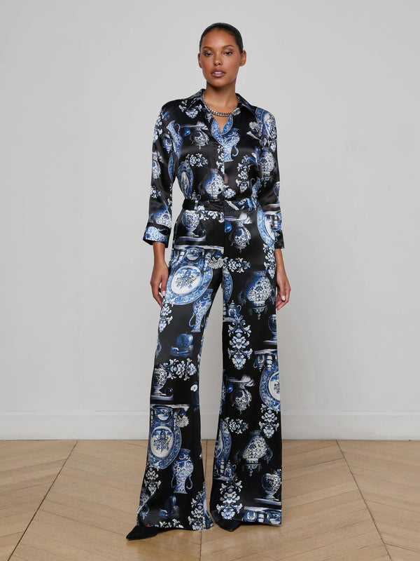 L'agence - Pilar Silk Wide-Leg Pant - Black/Blue Large Porcelain