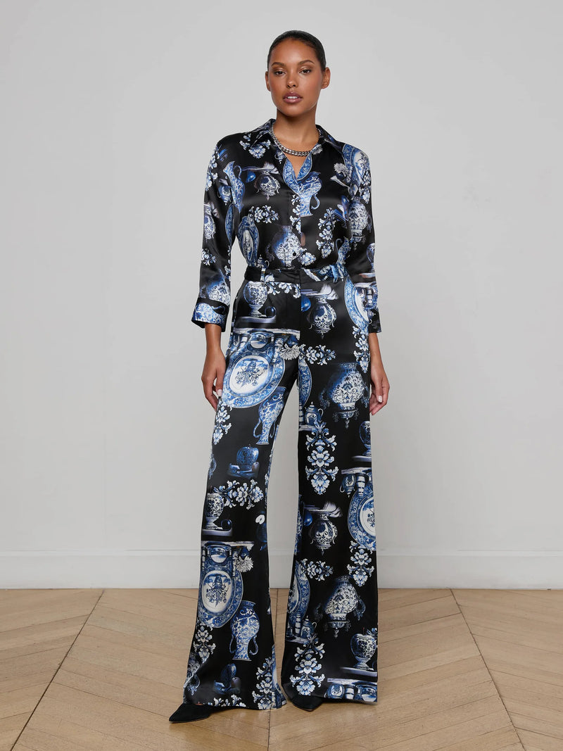 L'agence - Pilar Silk Wide-Leg Pant - Black/Blue Large Porcelain
