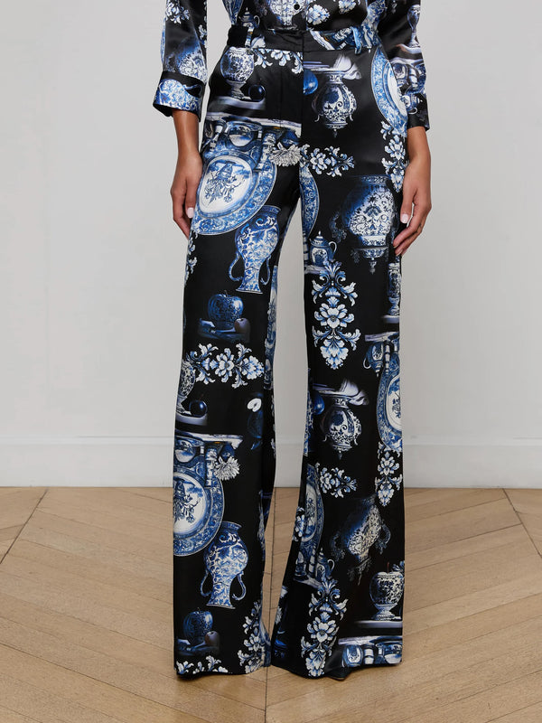 L'agence - Pilar Silk Wide-Leg Pant - Black/Blue Large Porcelain