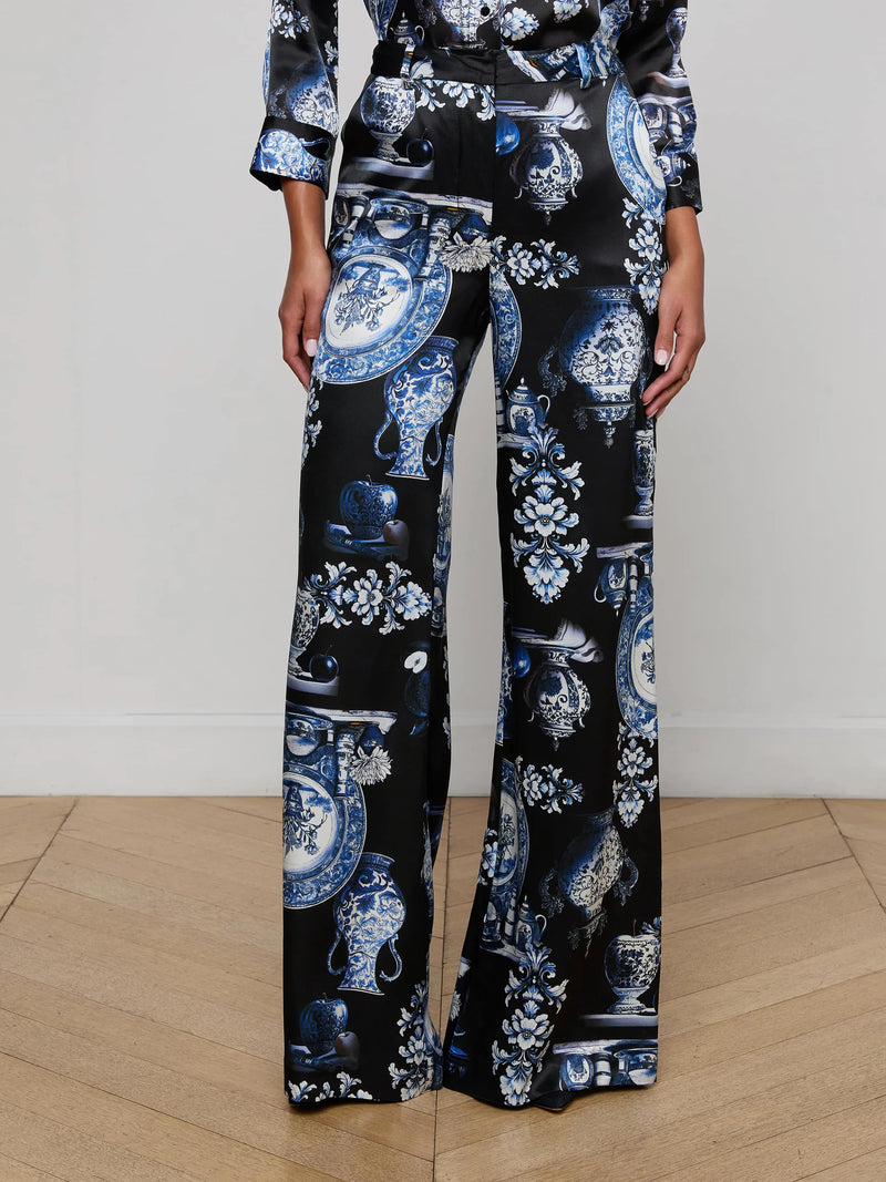 L'agence - Pilar Silk Wide-Leg Pant - Black/Blue Large Porcelain