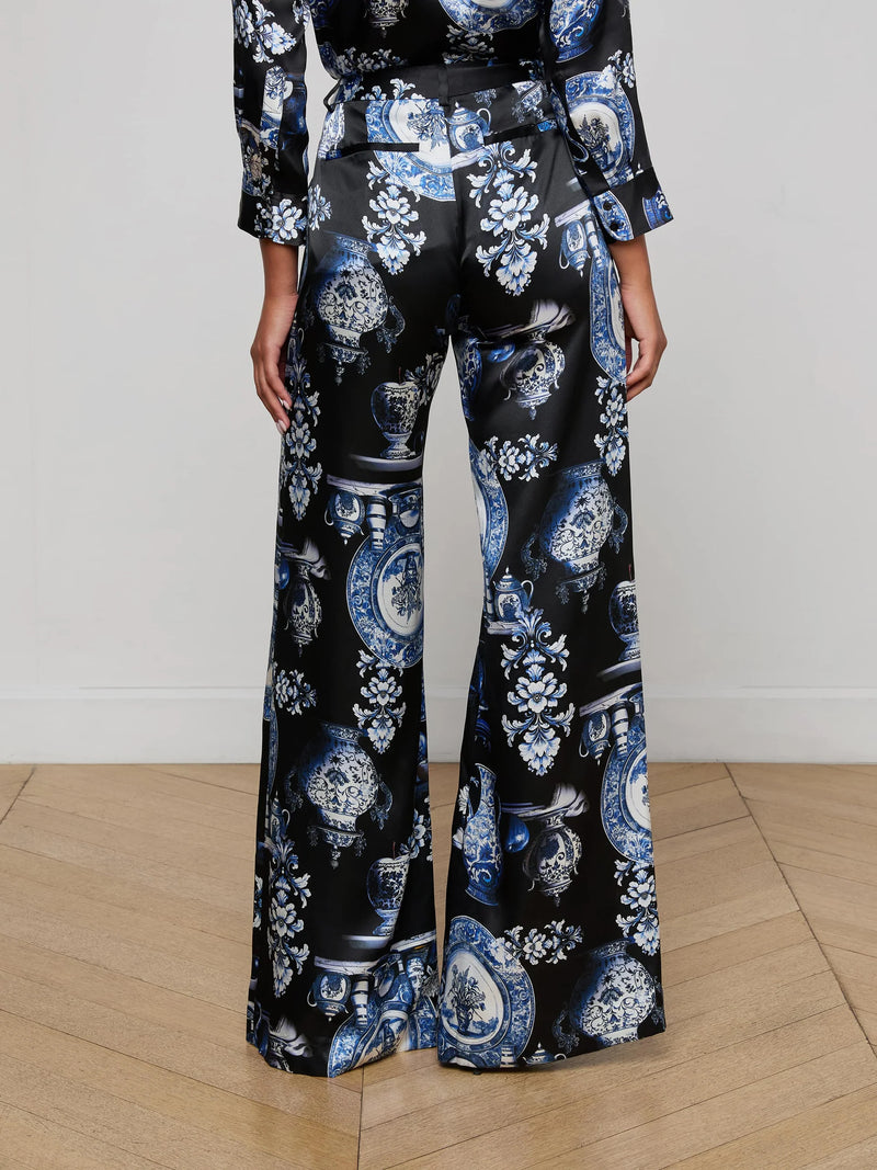 L'agence - Pilar Silk Wide-Leg Pant - Black/Blue Large Porcelain