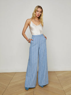 L’agence - Pilar Pinstriped Wide-Leg Pant - Sky Blue/White Pinstripe