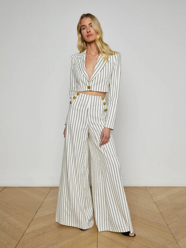 L'agence - Kingston Striped Wide-Leg Pant - Vintage White/Black Pinstripe