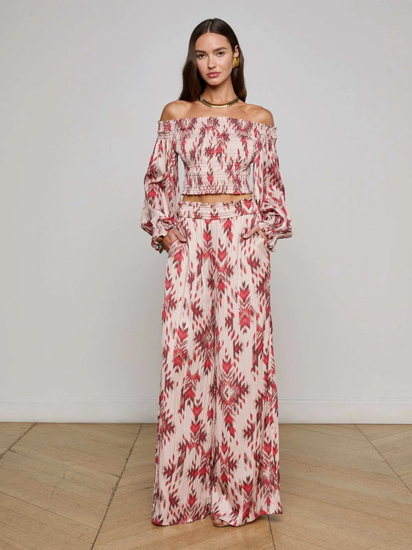 L’agence - Lyra Satin Wide-Leg Pant - Tan Multi Ganado Print