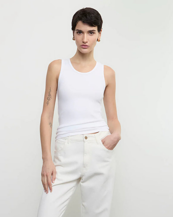 Enza Costa - Cotton Rib Scoop Tank - White