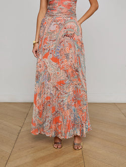 L'agence - Torin Pleated Maxi Skirt - Orange/Light Blue Traditional Paisley