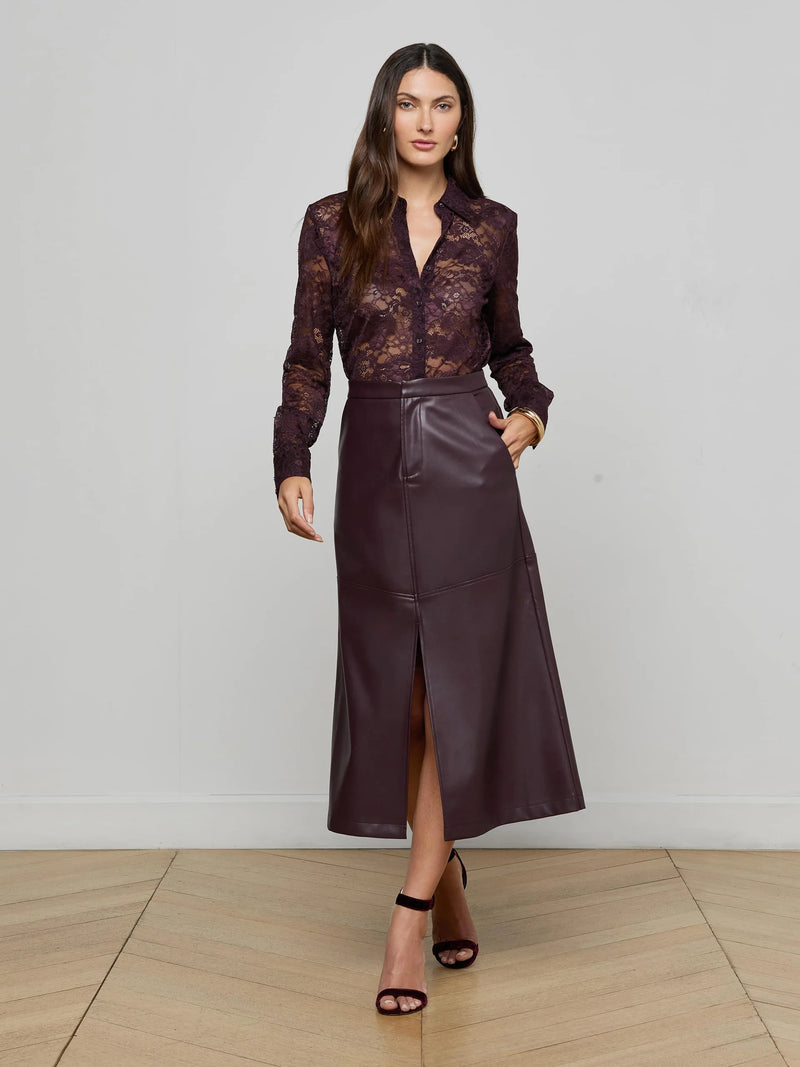 L'agence - Robyn Vegan Leather Midi Skirt - Dark Malbec