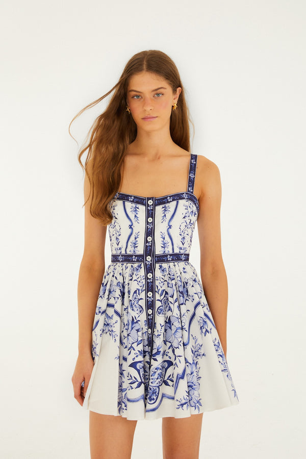 Farm Rio Porcelain Garden Sleeveless Mini Dress, M