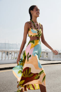 Multicolor Tropical Painting Cut-Out Buckles Maxi Dress